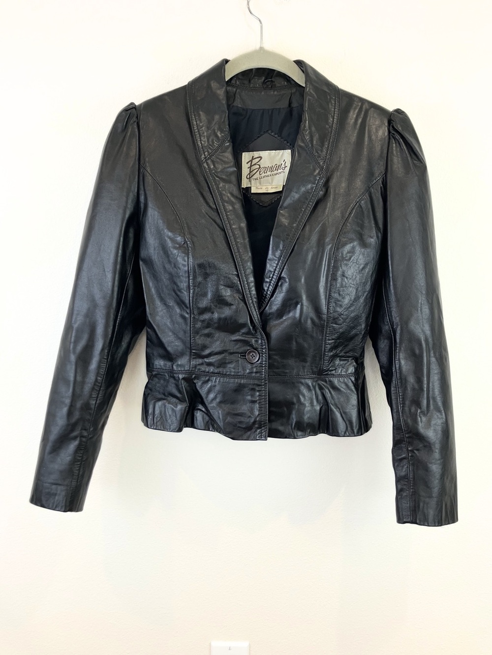 80's Berman's Cropped Leather Peplum Black Jacket Ladies Size 8/10